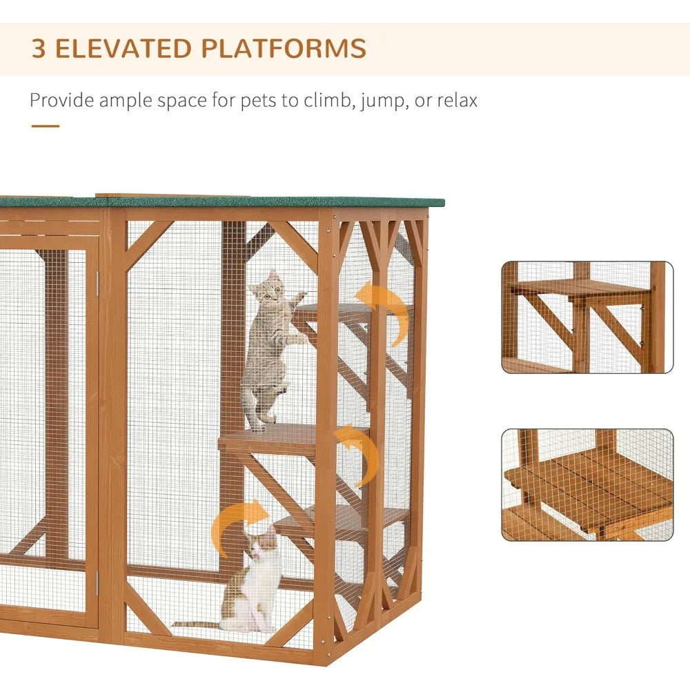 Outdoor Cat House, Catio Wooden Feral Cat Shelter, Cats Cage with Platforms, Large Enter Door, Wooden Cat Cage Condo