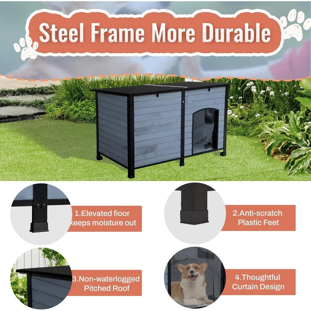 Outdoor Dog House, Indoor Outdoor Doghouse Puppy Shelter Dog House with Iron Frame,Anti-Bite Design Dog Home for Small Medium So