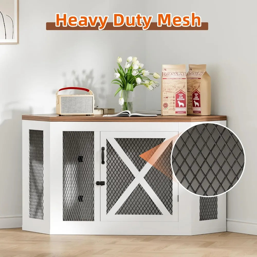 Corner Dog Crate Furniture,Wooden Dog Kennel End Table with Mesh,Cage for Small Medium Large Dog,Decorative Pet Crate Indoor Use
