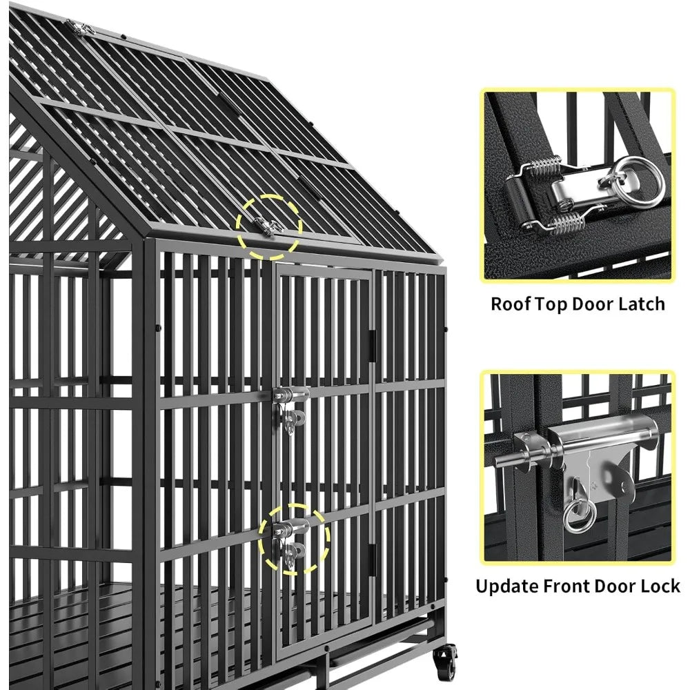 54 Inch Heavy Duty Dog Crate Extra Large Dog Cage Kennel, Indestructible XXL Dog Crate with Open Roof Top, Trays and Wheels, Esc