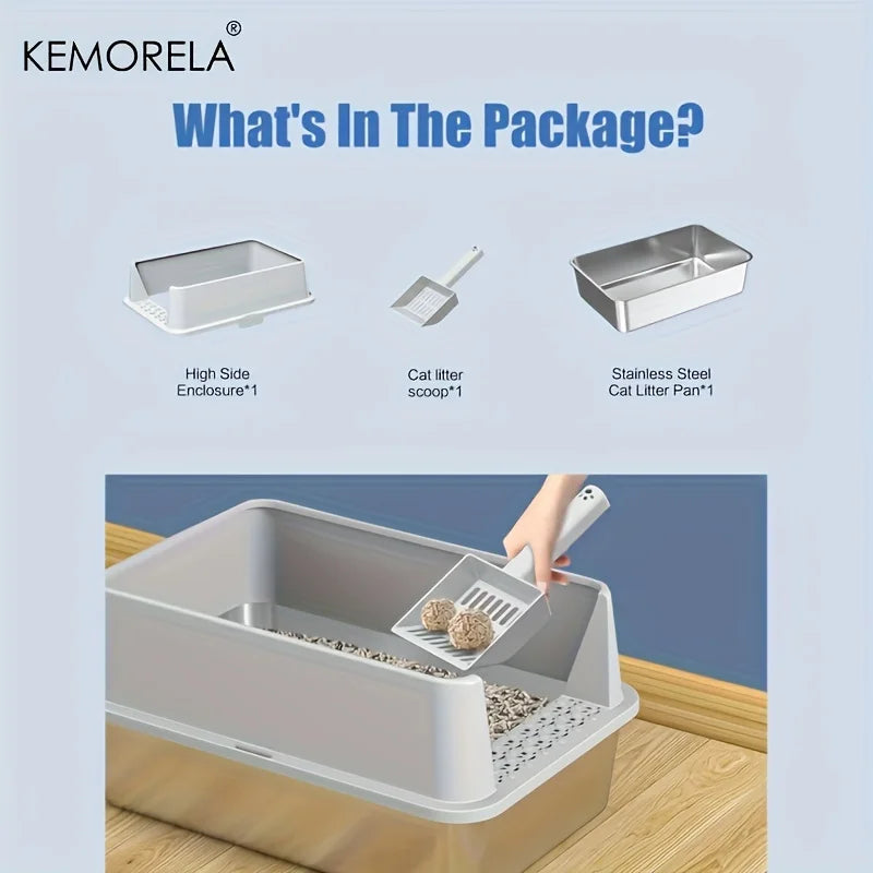Super Large XL Stainless Steel Litter Box With Lid High Side Suitable For Large and Small Cats RemovableOdorIncluding Spoon
