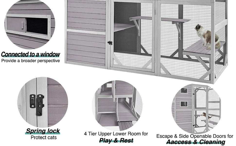 Cat Cage, Large Catio Outdoor Cat Enclosure with 4 Tiers Weatherproof Roof Kitty House for Outdoor Cats, 77 Inch