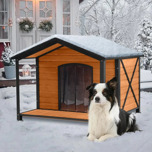 Outdoor Dog House,Weatherproof Wooden Dog Shelter for Small to Medium Sized Dogs,Iron Frame Indoor Outdoor Doghouse