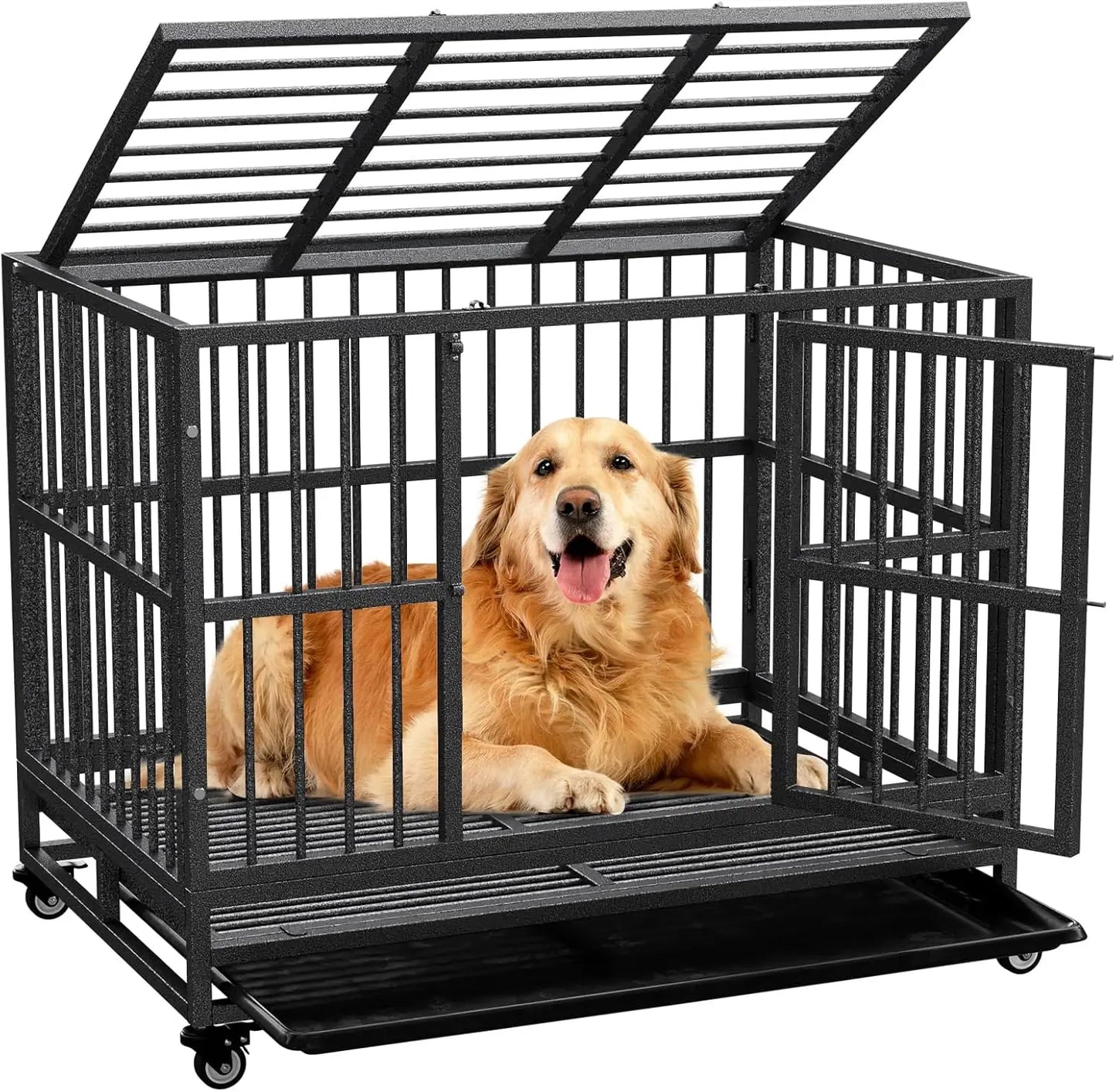 Dog Crate with Removable Tray, 37/42/46 Inch Indestructible and Escape Proof Steel Dog Cage Kennel for High Anxiety Dogs