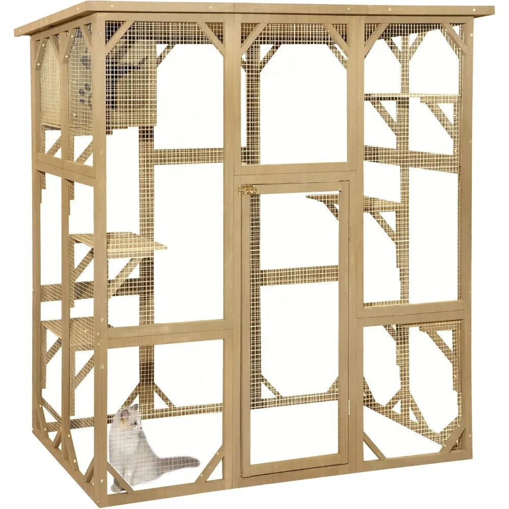 Wooden Catio Outdoor Cat Enclosure, Large Wooden Outdoor Cat House with Small House, Cat Cage with 6 Platforms and Weather Prot