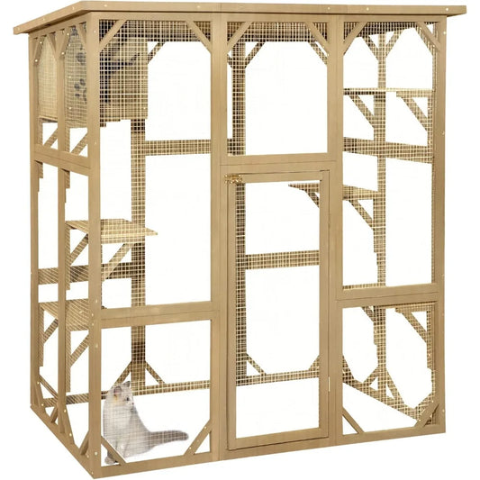 Wooden Catio Outdoor Cat Enclosure, Large Wooden Outdoor Cat House with Small House, Cat Cage with 6 Platforms and Weather Prot