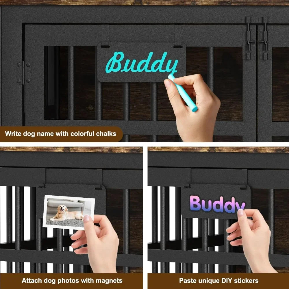 48"/42"/33" Dog Crate Furniture with Name Tag, Heavy Duty Kennel Indoor for Large Dogs, Escape-Proof