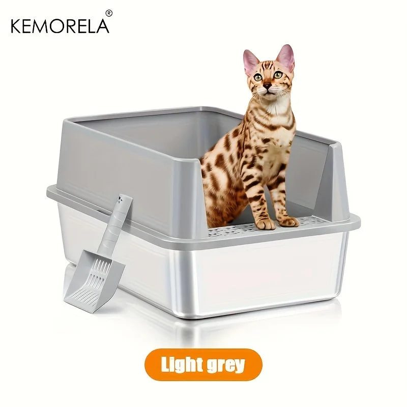 Super Large XL Stainless Steel Litter Box With Lid High Side Suitable For Large and Small Cats RemovableOdorIncluding Spoon
