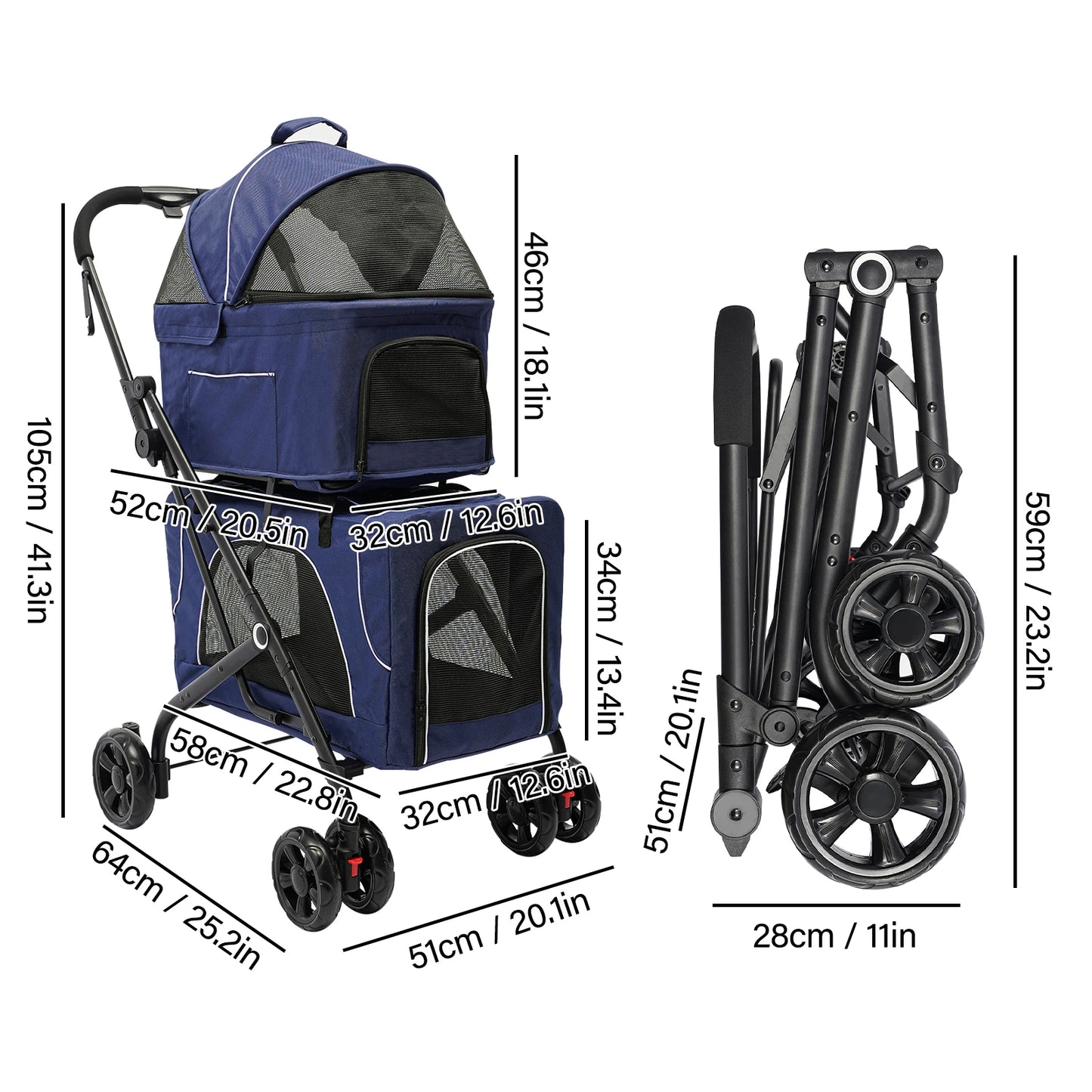 Foldable Pet Stroller Dog Travel Stroller Double Dog Cat Carrying Cart with Storage Basket for Travel Camping