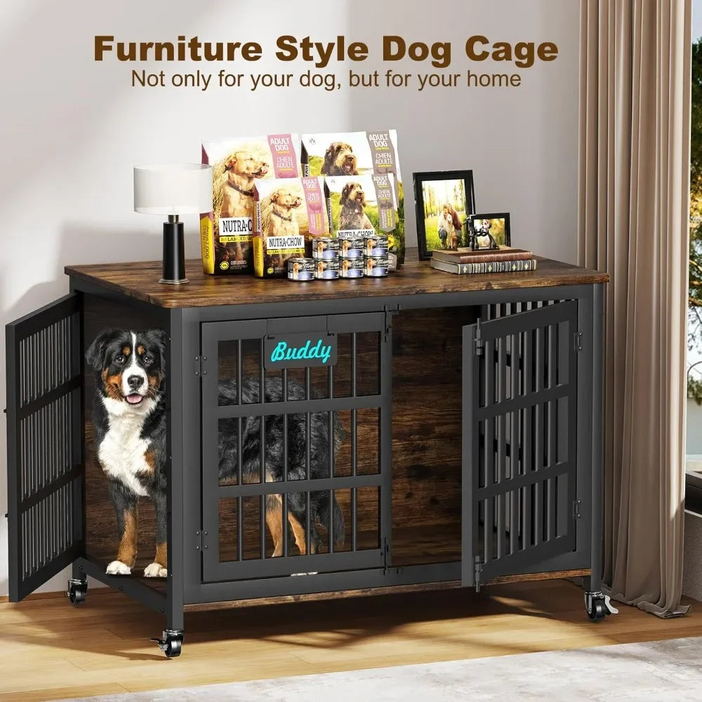 48"/42"/33" Dog Crate Furniture with Name Tag, Heavy Duty Kennel Indoor for Large Dogs, Escape-Proof