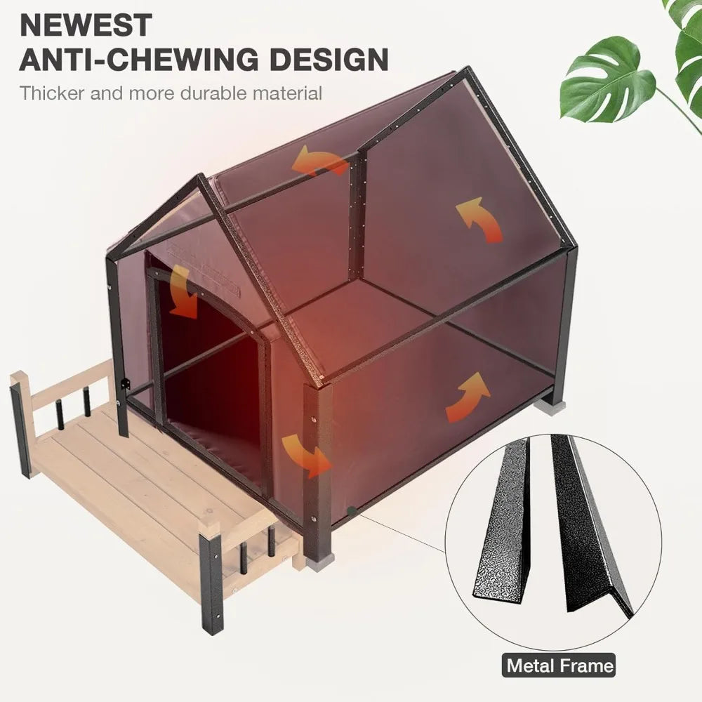Dog House with Insulated Liner Outdoor Indoor All-Around Iron Frame Design Dog House with Porch＆Raised Feet for Small Medium Lar