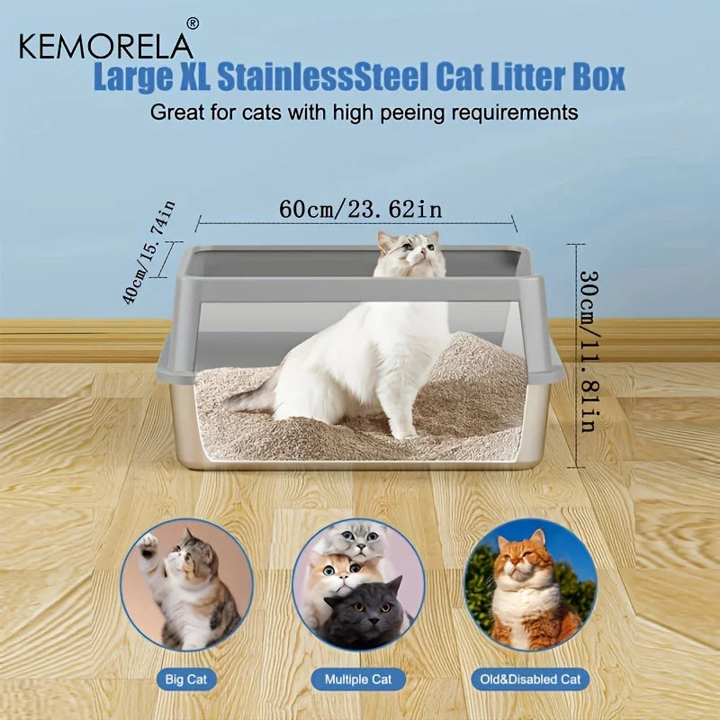 Super Large XL Stainless Steel Litter Box With Lid High Side Suitable For Large and Small Cats RemovableOdorIncluding Spoon