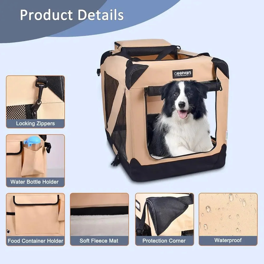 Soft Foldable Portable Dog Crate 36" Beige Security Breathable 3 Door Kennel Travel Carrier Indoor & Outdoor Mesh Bed Pad