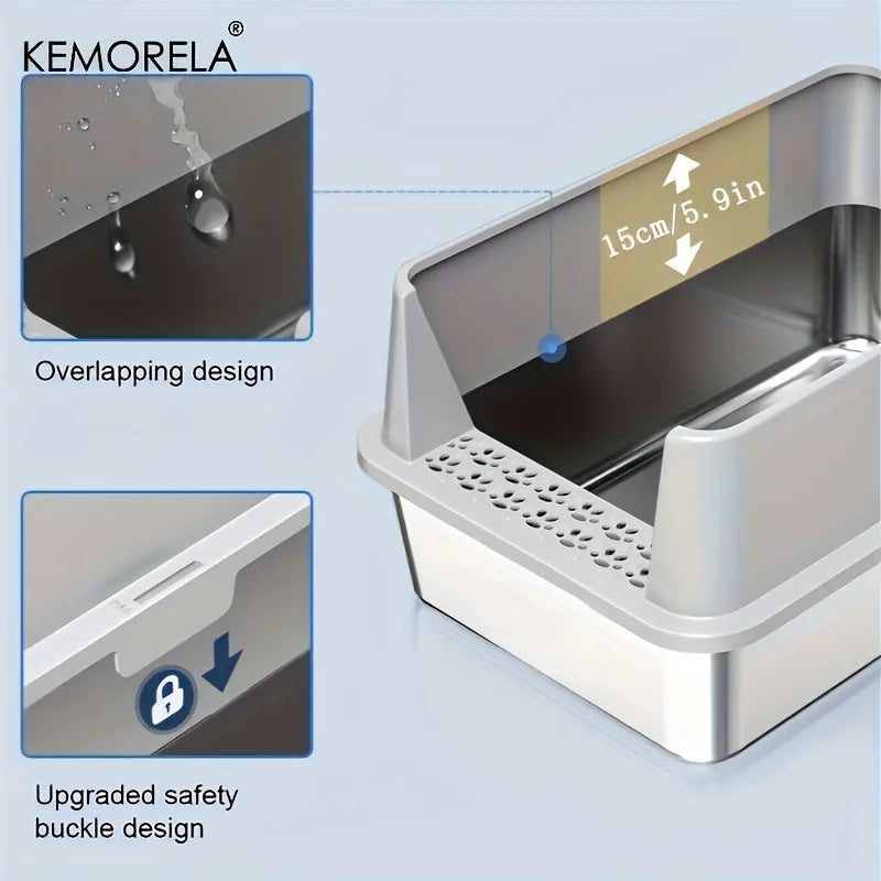 Super Large XL Stainless Steel Litter Box With Lid High Side Suitable For Large and Small Cats RemovableOdorIncluding Spoon