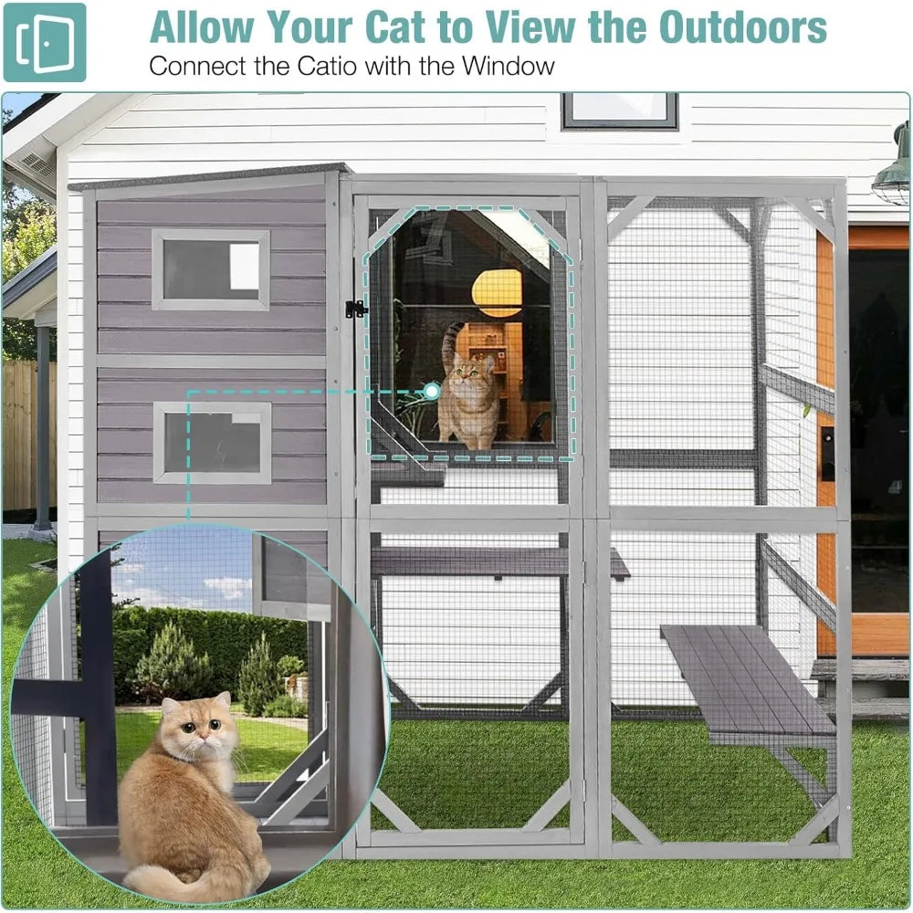 Cat Cage, Large Catio Outdoor Cat Enclosure with 4 Tiers Weatherproof Roof Kitty House for Outdoor Cats, 77 Inch