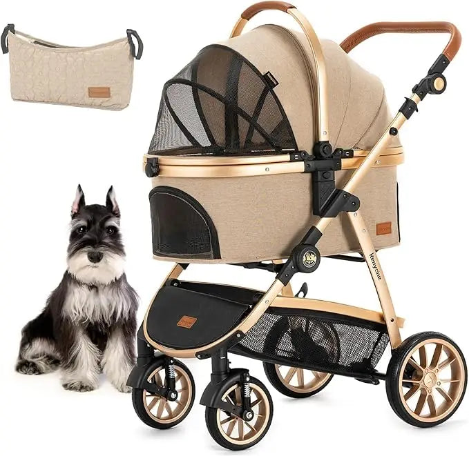 Pet Stroller 3 in 1 for Medium Small Size Dogs Luxury Large Cat Stroller Detachable Carrier for Puppy, Kitty, Doggie (C510L Kha