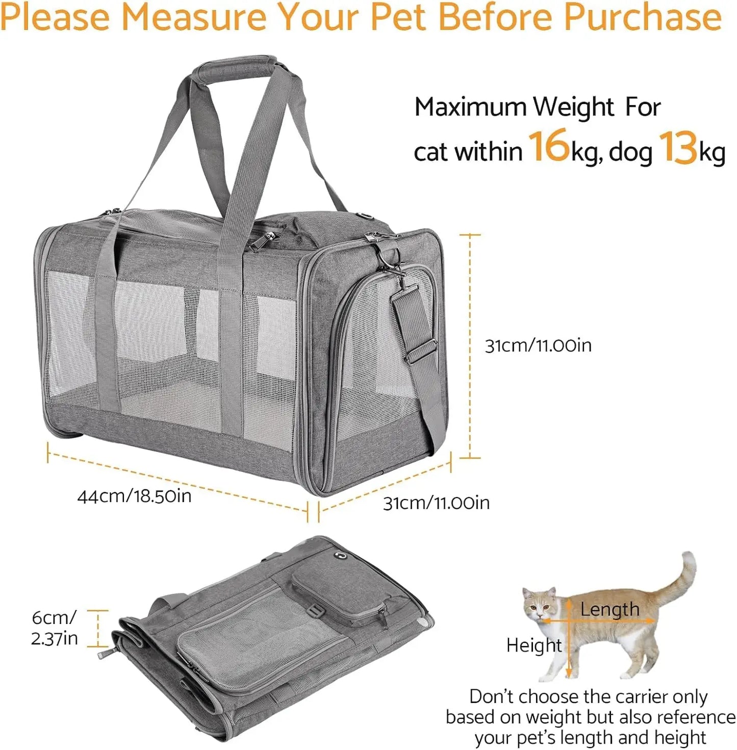 "Airline-approved pet carrier for cats/dogs, soft travel bag, breathable honeycomb board, removable support, for car/air travel