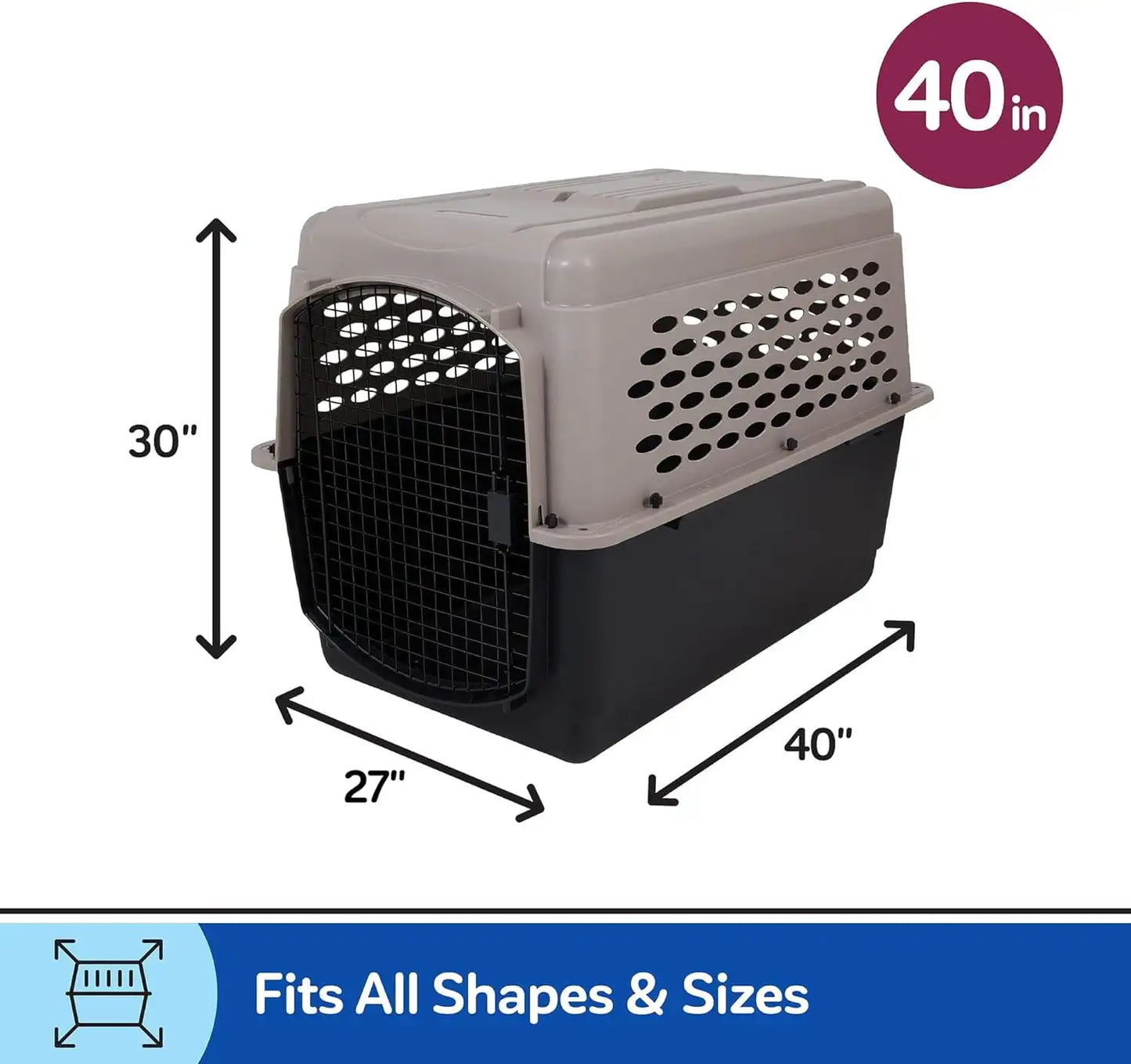 Vibrant Life Pet Kennel Large 40" Dog Crate, Plastic Travel Pet Carrier for Pets 70-90 lb, Grey