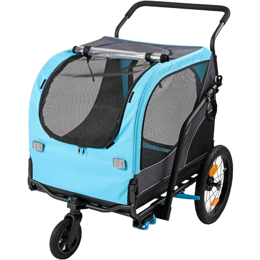 2-in-1 Pet Bike Trailer & Large Foldable Dog Stroller Pet Cart Carrier, Blue, 80 Lbs Capacity, Dog-Friendly Designs, Easy Foldi