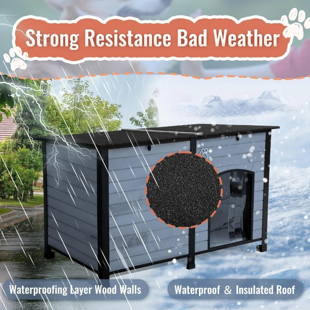 Outdoor Dog House, Indoor Outdoor Doghouse Puppy Shelter Dog House with Iron Frame,Anti-Bite Design Dog Home for Small Medium So