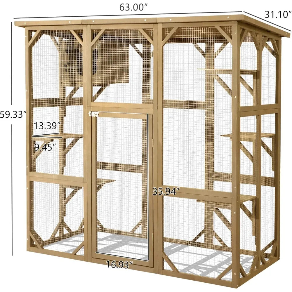 Wooden Catio Outdoor Cat Enclosure, Large Wooden Outdoor Cat House with Small House, Cat Cage with 6 Platforms and Weather Prot