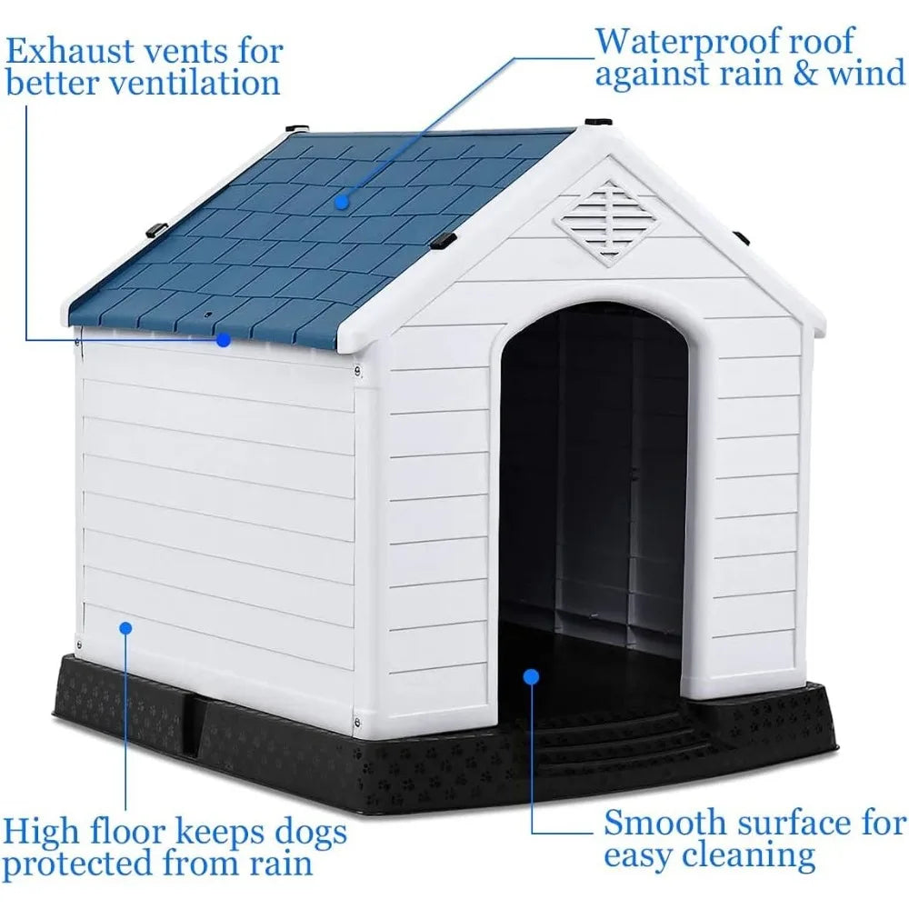 Large Dog House Outdoor for Large Dogs, Plastic 34 Inches Dog House with Sturdy Kennel, Air Vents & Elevated Floor