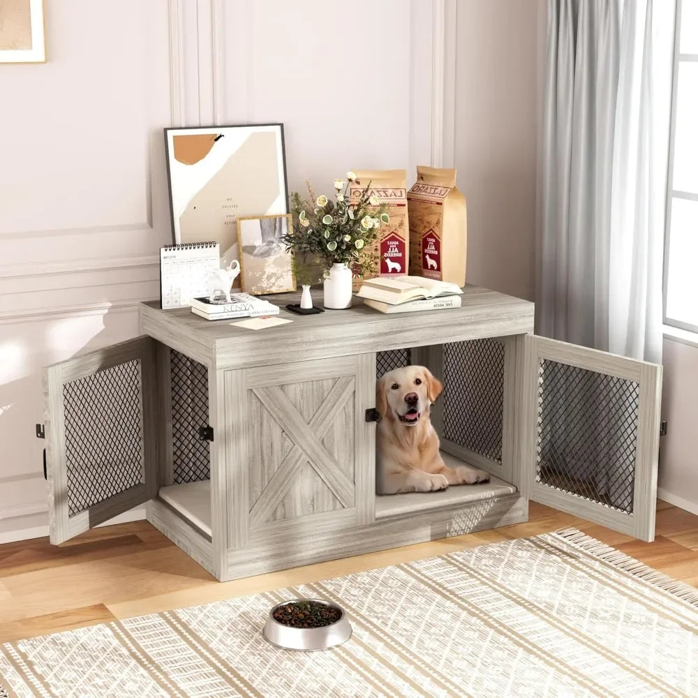 Corner Dog Crate Furniture with Double Doors, 36 Inch Wooden Dog Kennel End Table Indoor with Mesh, Cage/House for Small Medium