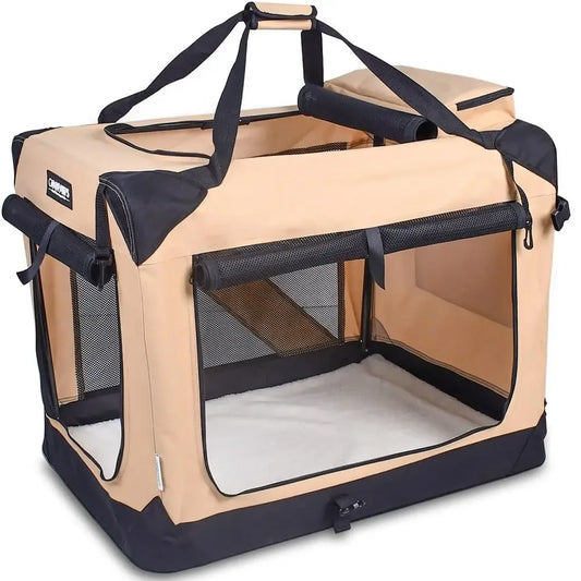Soft Foldable Portable Dog Crate 36" Beige Security Breathable 3 Door Kennel Travel Carrier Indoor & Outdoor Mesh Bed Pad