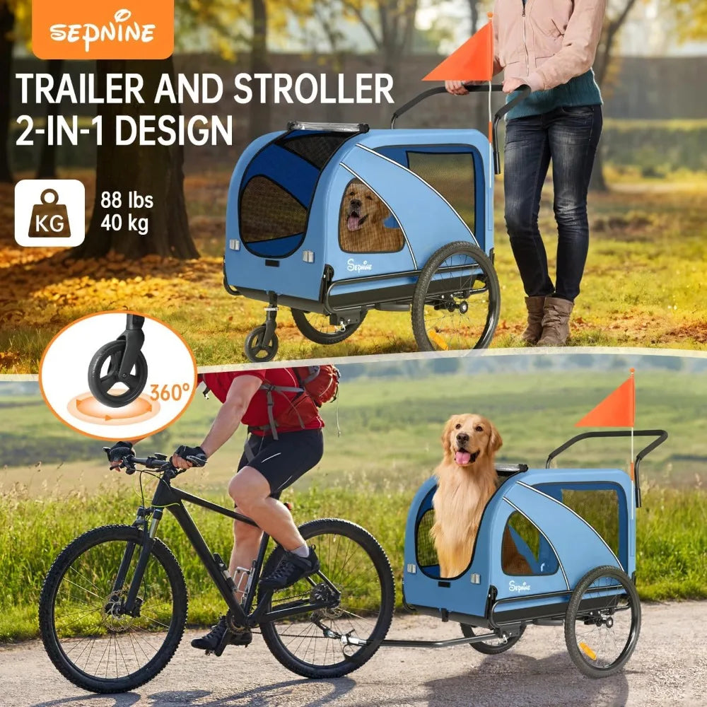 Dog Bike Trailer, Supports up to 88 lbs, 2-in-1 Pet Stroller Cart Bicycle Carrier, Easy Folding Cart Frame with Quick Release W
