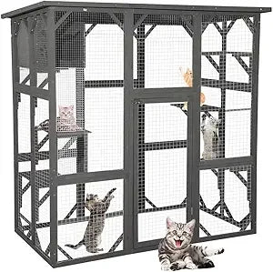 Wooden Catio Outdoor Cat Enclosure, Large Wooden Outdoor Cat House with Small House, Cat Cage with 6 Platforms and Weather Prot