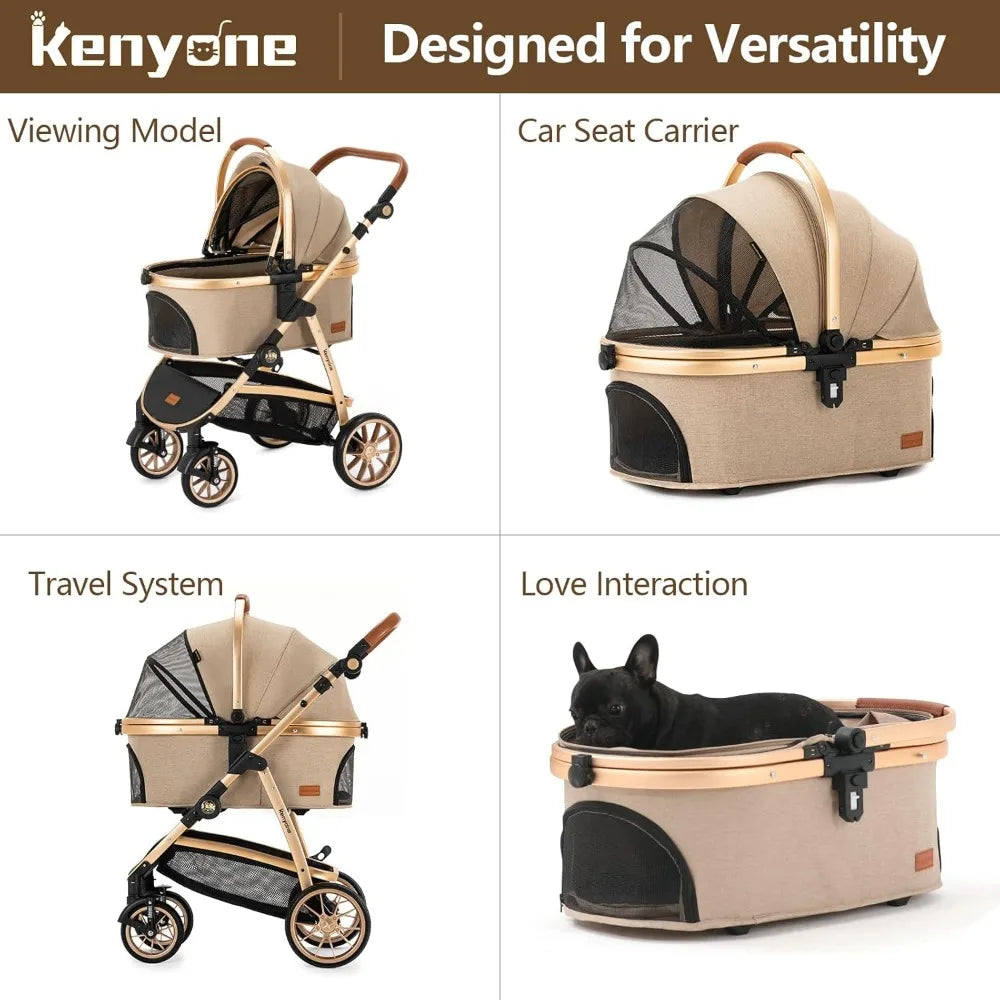 Pet Stroller 3 in 1 for Medium Small Size Dogs Luxury Large Cat Stroller Detachable Carrier for Puppy, Kitty, Doggie (C510L Kha
