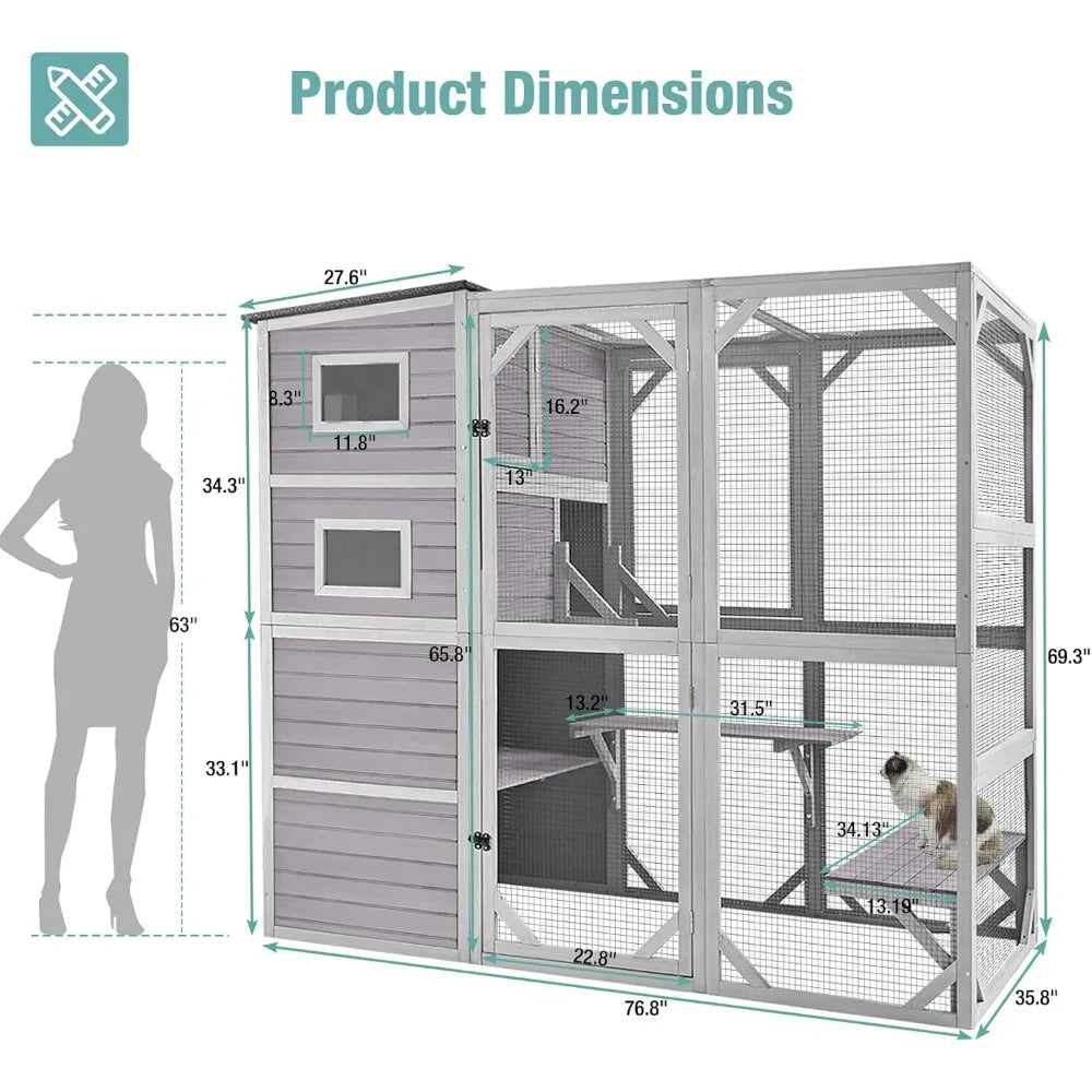 Cat Cage, Large Catio Outdoor Cat Enclosure with 4 Tiers Weatherproof Roof Kitty House for Outdoor Cats, 77 Inch