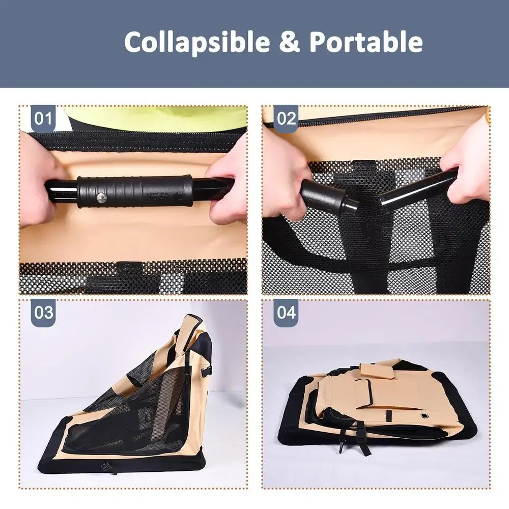 Soft Foldable Portable Dog Crate 36" Beige Security Breathable 3 Door Kennel Travel Carrier Indoor & Outdoor Mesh Bed Pad