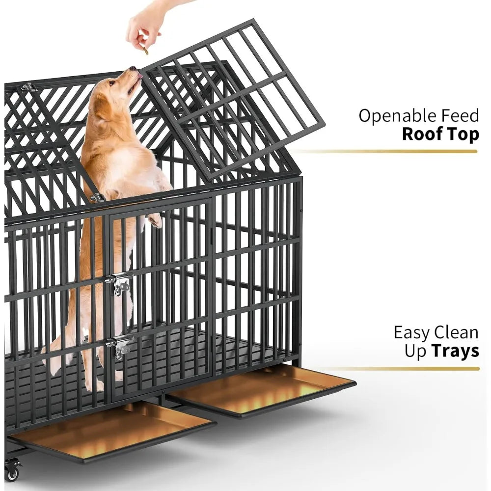 54 Inch Heavy Duty Dog Crate Extra Large Dog Cage Kennel, Indestructible XXL Dog Crate with Open Roof Top, Trays and Wheels, Esc