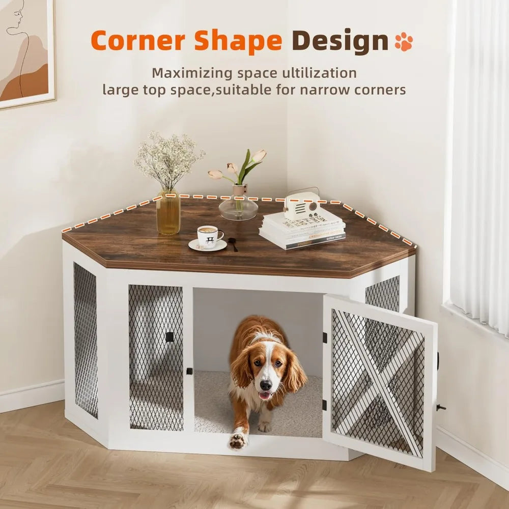 Corner Dog Crate Furniture,Wooden Dog Kennel End Table with Mesh,Cage for Small Medium Large Dog,Decorative Pet Crate Indoor Use