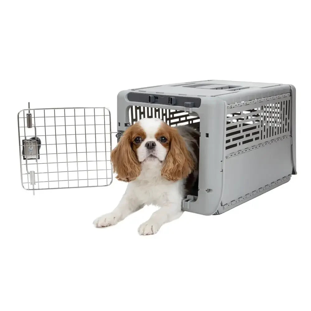 Portable Dog Kennel Collapsible Plastic Small 19" Lightweight Durable Ventilated Gray