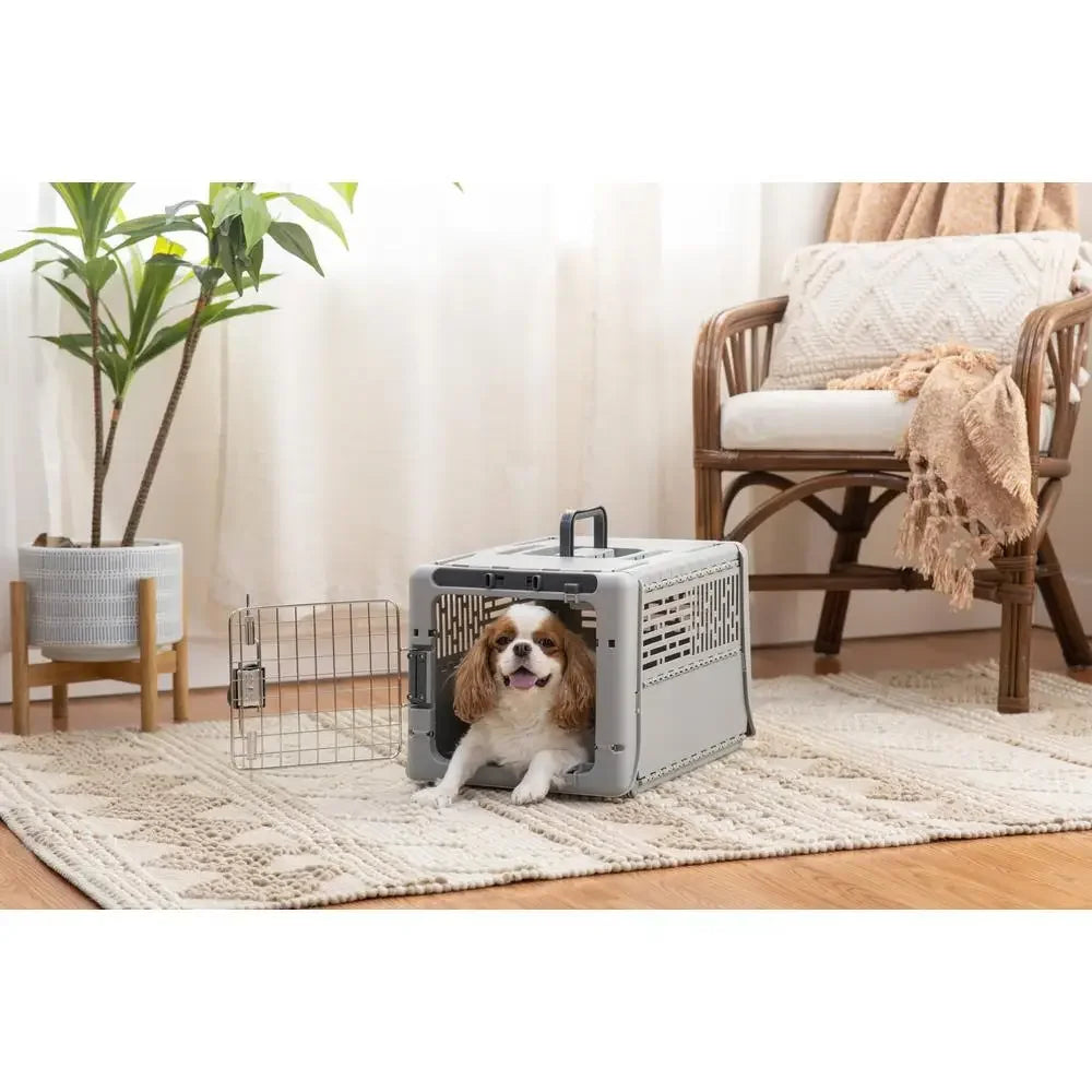 Portable Dog Kennel Collapsible Plastic Small 19" Lightweight Durable Ventilated Gray