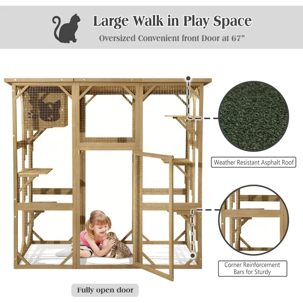 Wooden Catio Outdoor Cat Enclosure, Large Wooden Outdoor Cat House with Small House, Cat Cage with 6 Platforms and Weather Prot