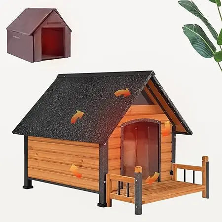 Dog House with Insulated Liner Outdoor Indoor All-Around Iron Frame Design Dog House with Porch＆Raised Feet for Small Medium Lar