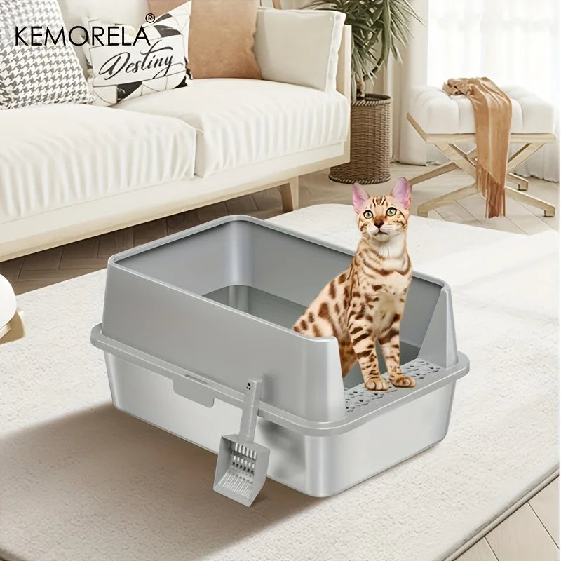 Super Large XL Stainless Steel Litter Box With Lid High Side Suitable For Large and Small Cats RemovableOdorIncluding Spoon