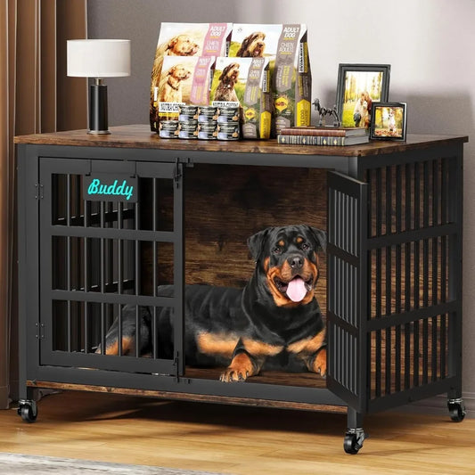 48"/42"/33" Dog Crate Furniture with Name Tag, Heavy Duty Kennel Indoor for Large Dogs, Escape-Proof