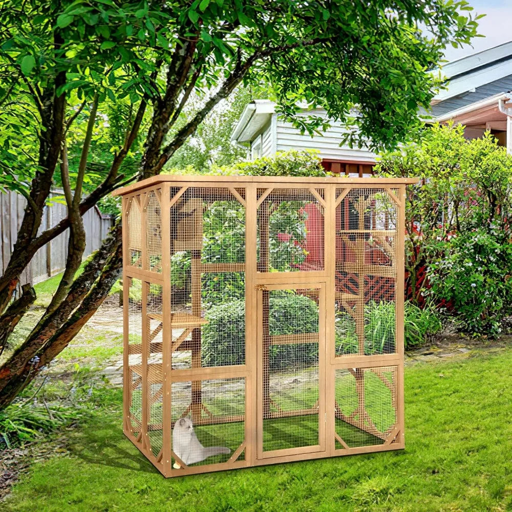 Wooden Catio Outdoor Cat Enclosure, Large Wooden Outdoor Cat House with Small House, Cat Cage with 6 Platforms and Weather Prot