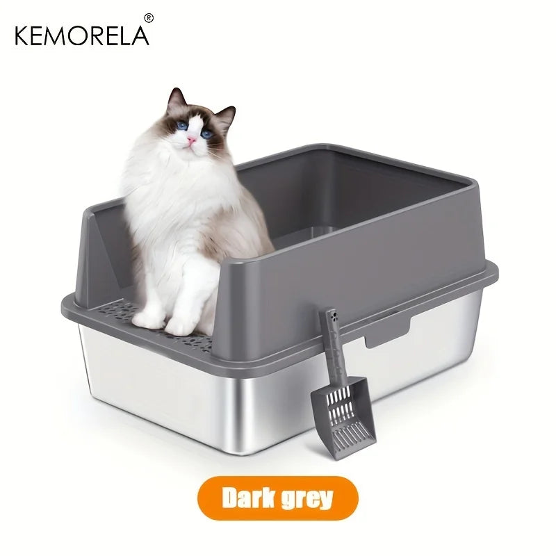 Super Large XL Stainless Steel Litter Box With Lid High Side Suitable For Large and Small Cats RemovableOdorIncluding Spoon