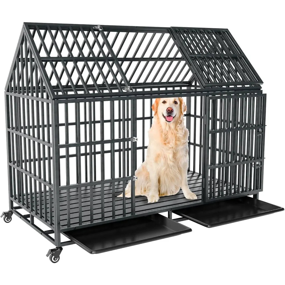 54 Inch Heavy Duty Dog Crate Extra Large Dog Cage Kennel, Indestructible XXL Dog Crate with Open Roof Top, Trays and Wheels, Esc