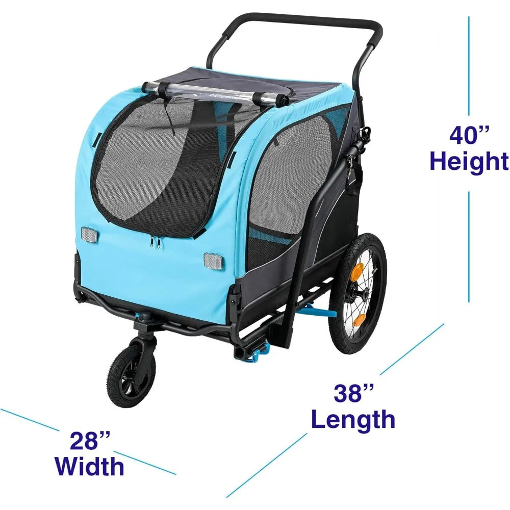 2-in-1 Pet Bike Trailer & Large Foldable Dog Stroller Pet Cart Carrier, Blue, 80 Lbs Capacity, Dog-Friendly Designs, Easy Foldi