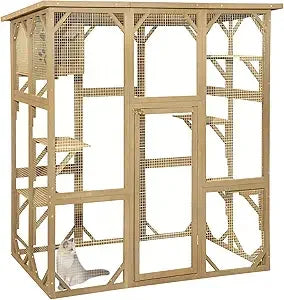 Wooden Catio Outdoor Cat Enclosure, Large Wooden Outdoor Cat House with Small House, Cat Cage with 6 Platforms and Weather Prot