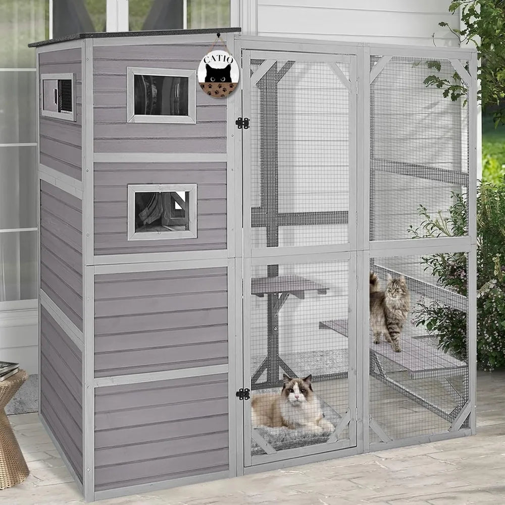 Cat Cage, Large Catio Outdoor Cat Enclosure with 4 Tiers Weatherproof Roof Kitty House for Outdoor Cats, 77 Inch