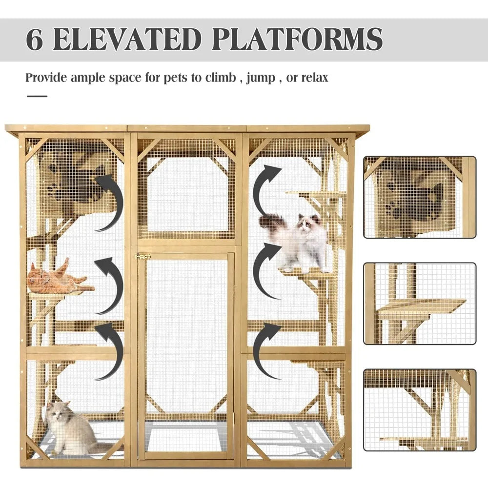 Wooden Catio Outdoor Cat Enclosure, Large Wooden Outdoor Cat House with Small House, Cat Cage with 6 Platforms and Weather Prot