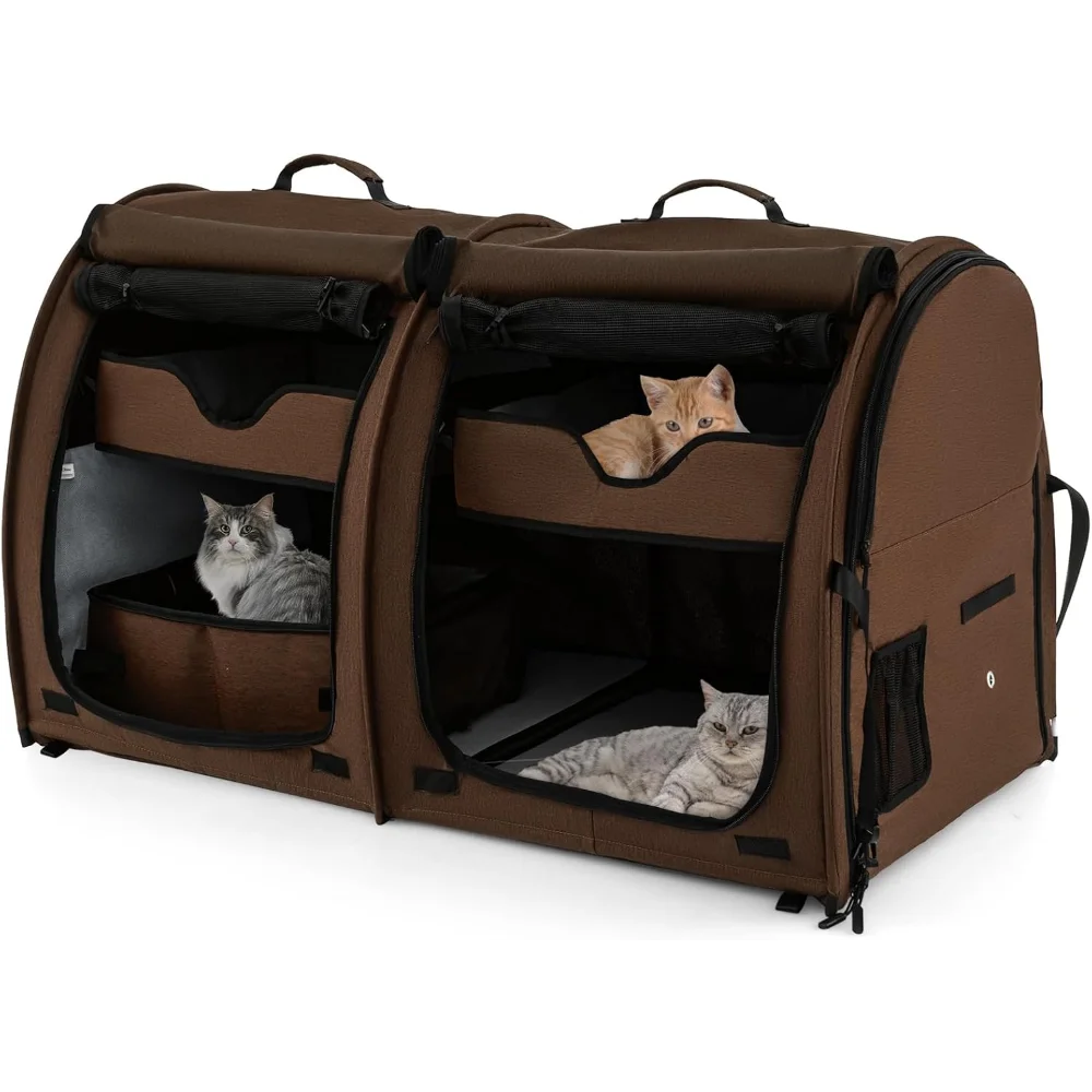 40 Inch Cat Carrier with Double Compartments, Portable Pet Kennel with 2 Removable Hammocks, Dual-use Mats & Litter Box