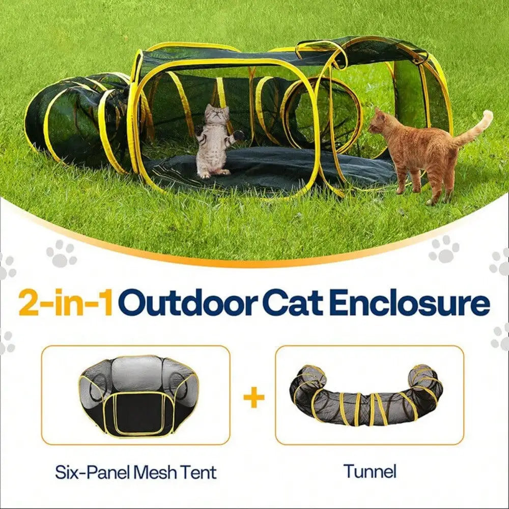 Outdoor Cat Enclosures 2-in-1, Portable Catio w/Cat Tent, Circle Playpen Tunnel